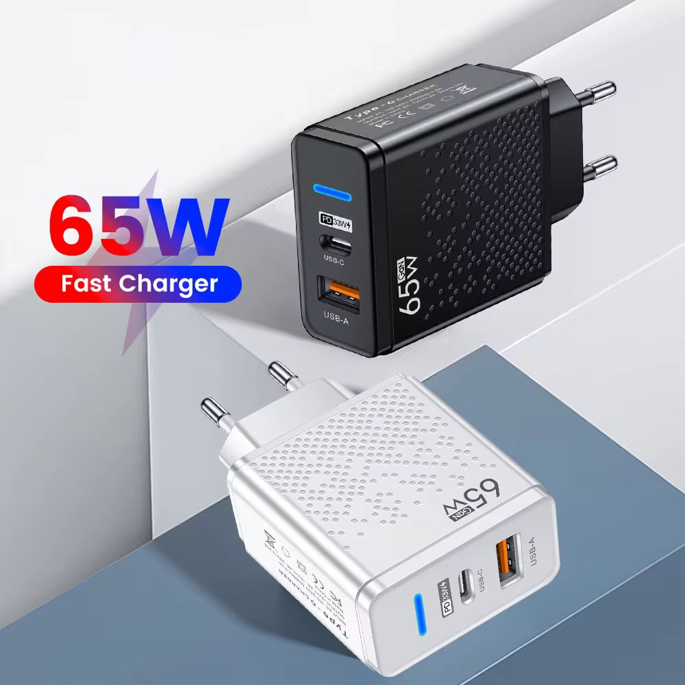 Fast Charger 65W USB-C + USB-A iPhone Samsung Xiaomi Macbook